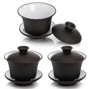 Cididu Set of 3 Gaiwan Tea Cup with Lid and Saucer, 4 Oz Small Traditional Chinese Porcelain Tea Set, Handmade Tea Bowl Teaware Black White, Ceramic Tea Brewing System for Home Kitchen Coffee