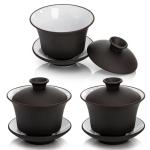 Cididu Set of 3 Gaiwan Tea Cup with Lid and Saucer, 4 Oz Small Traditional Chinese Porcelain Tea Set, Handmade Tea Bowl Teaware Black White, Ceramic Tea Brewing System for Home Kitchen Coffee