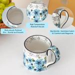 Ceramic Coffee Mug, 12oz Cute Floral Coffee Mugs with Large Handle, Blue Flower Design Stoneware Tea Cup for Office and Home