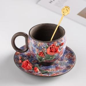 Pure Handmade Ceramic Cup and Saucer Set Artisanal Craftsmanship Collectable Tea cups and Saucers 6oz (Rose-C)