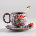Pure Handmade Ceramic Cup and Saucer Set Artisanal Craftsmanship Collectable Tea cups and Saucers 6oz (Rose-C)