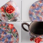 Pure Handmade Ceramic Cup and Saucer Set Artisanal Craftsmanship Collectable Tea cups and Saucers 6oz (Rose-C)