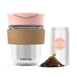 SoleCup. Travel Mug Loose Tea Infuser - Detachable Tea Strainer with Spillproof Lid - BPA-Free Reusable Glass Travel Coffee Cup with Cork Band (Pink)