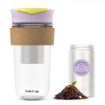 SoleCup. Large Travel Mug Loose Tea Infuser - Detachable Tea Strainer with Spill Proof Lid - 18oz/530ml BPA-Free Reusable Glass Travel Coffee Cup with Cork Band (Ice Cream)