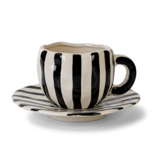 VrythosNex Retro 12oz Cappuccino Coffee Mug with Saucer, Black and White Stripe Latte Art Mug & Tea Cup and Saucers, Cute Ceramic Mug Set for Cafe, Home, Office