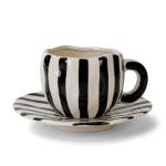 VrythosNex Retro 12oz Cappuccino Coffee Mug with Saucer, Black and White Stripe Latte Art Mug & Tea Cup and Saucers, Cute Ceramic Mug Set for Cafe, Home, Office