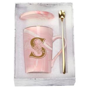 Letter S Personalized Initial Mugs with Flower, Letter S Personalized Novelty Coffee Mug, Novelty Letter Coffee Mugs for Women, Bridal Shower Gifts, Women's Initials Gifts Coffee Mug 14 Ounce Pink