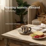 VrythosNex Retro 12oz Cappuccino Coffee Mug with Saucer, Black and White Stripe Latte Art Mug & Tea Cup and Saucers, Cute Ceramic Mug Set for Cafe, Home, Office