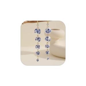 Blue White Porcelain Beaded Floral Teacup Fan Heart Pearl Pattern Drop Dangle Earrings For Women Statement Chinese Style Elegant Hook Huggie (Blue White E)