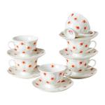 PRECITIME 12-Piece Porcelain Tea Cup Set, 6 Cups & 6 Saucers with Classic Rose Pattern, Ceramic 6oz Scalloped Cups, Dishwasher & Microwave Safe