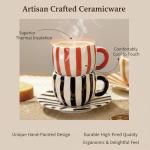 VrythosNex Retro 12oz Cappuccino Coffee Mug with Saucer, Black and White Stripe Latte Art Mug & Tea Cup and Saucers, Cute Ceramic Mug Set for Cafe, Home, Office