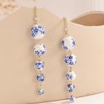 Blue White Porcelain Beaded Floral Teacup Fan Heart Pearl Pattern Drop Dangle Earrings For Women Statement Chinese Style Elegant Hook Huggie (Blue White E)