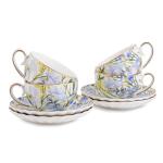 Agyiuns Tea Cup and Saucers, 6.4oz Floral Tea Cups with Gold Trim, Coffee Cappuccino Espresso Latte Mugs for Party Birthday,Christmas Gift (Iris - Blue)