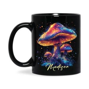 Glowing Mushroom Coffee Mug 11oz 15oz, Custom Name Forest Scene Cup, Personalized Colorful Mushroom Black Mug, Unique Nature Inspired Ceramic Cup, Gifts For Gardeners