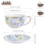 Agyiuns Tea Cup and Saucers, 6.4oz Floral Tea Cups with Gold Trim, Coffee Cappuccino Espresso Latte Mugs for Party Birthday,Christmas Gift (Iris - Blue)