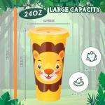Domensi 24 Pcs Operation Valentine Day Items Bulk Plastic Cups with Lid Straw 24 oz Reusable Tumbler Water Bottle Coffee Mug for Team Employee Students Birthday Party Favors Supplies(Jungle Animal)