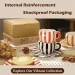 VrythosNex Retro 12oz Cappuccino Coffee Mug with Saucer, Black and White Stripe Latte Art Mug & Tea Cup and Saucers, Cute Ceramic Mug Set for Cafe, Home, Office