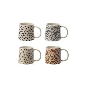 Creative Co-Op 4-Piece Stoneware Mug with Animal Print Decal, Multicolor