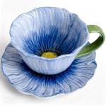 JUSONEY 11.8 oz Tea Cups and Saucers, Ceramic Flower-shaped Cappuccino Cup, Latte Cup and Saucer set, elegant floral Espresso Cup set, cups are microwave and dishwasher safe-Blue