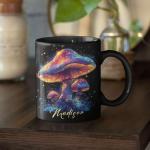 Glowing Mushroom Coffee Mug 11oz 15oz, Custom Name Forest Scene Cup, Personalized Colorful Mushroom Black Mug, Unique Nature Inspired Ceramic Cup, Gifts For Gardeners