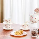 PRECITIME 12-Piece Porcelain Tea Cup Set, 6 Cups & 6 Saucers with Classic Rose Pattern, Ceramic 6oz Scalloped Cups, Dishwasher & Microwave Safe