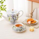 Agyiuns Tea Cup and Saucers, 6.4oz Floral Tea Cups with Gold Trim, Coffee Cappuccino Espresso Latte Mugs for Party Birthday,Christmas Gift (Iris - Blue)