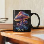 Glowing Mushroom Coffee Mug 11oz 15oz, Custom Name Forest Scene Cup, Personalized Colorful Mushroom Black Mug, Unique Nature Inspired Ceramic Cup, Gifts For Gardeners