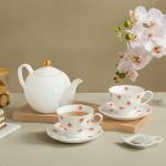 PRECITIME 12-Piece Porcelain Tea Cup Set, 6 Cups & 6 Saucers with Classic Rose Pattern, Ceramic 6oz Scalloped Cups, Dishwasher & Microwave Safe