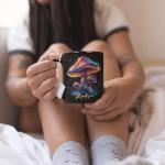 Glowing Mushroom Coffee Mug 11oz 15oz, Custom Name Forest Scene Cup, Personalized Colorful Mushroom Black Mug, Unique Nature Inspired Ceramic Cup, Gifts For Gardeners