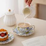 Agyiuns Tea Cup and Saucers, 6.4oz Floral Tea Cups with Gold Trim, Coffee Cappuccino Espresso Latte Mugs for Party Birthday,Christmas Gift (Iris - Blue)