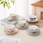 Agyiuns Tea Cup and Saucers, 6.4oz Floral Tea Cups with Gold Trim, Coffee Cappuccino Espresso Latte Mugs for Party Birthday,Christmas Gift (Iris - Blue)