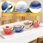 JUSONEY 11.8 oz Tea Cups and Saucers, Ceramic Flower-shaped Cappuccino Cup, Latte Cup and Saucer set, elegant floral Espresso Cup set, cups are microwave and dishwasher safe-Blue