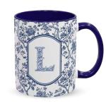 Blue Toile Letter L Mug, 11 oz French Floral Ceramic Coffee Cup Tea Cup with Initials, Personalized Birthday Gifts for Women Men Friend Friendship Unique Aesthetic Mug