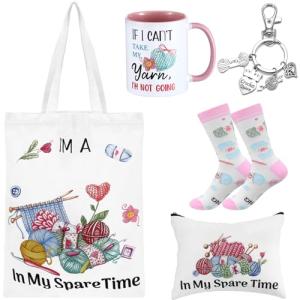 Bulyoou 5 Pcs Christmas Crochet Gifts Set for Women Crocheters Gifts Funny Canvas Bag Cosmetic Bag Quilting Coffee Mug Socks 11 oz Cup Quilter Keychain Funny Presents for Mom Women Crocheters Lovers