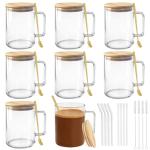 LECEHIVO 8 Sets 20oz Clear Glass Coffee Mugs with Handles and Lids Big Large Tea Cups with Gold Spoons, Bent & Straight Straws, Straw Brushes for Latte Espresso Cappuccino Hot Cold