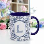 Blue Toile Letter L Mug, 11 oz French Floral Ceramic Coffee Cup Tea Cup with Initials, Personalized Birthday Gifts for Women Men Friend Friendship Unique Aesthetic Mug