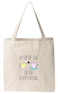 A Cup Of Tea Solves Everything (Cups), 100% Cotton Canvas, Natural Tote Bag, Full-Color Tote, Funny Design