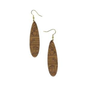 Long Wood Bookshelf Dangle Earrings Book Lover Gifts Boho Coffee Tea Jewelry Womens Miniature Bookcases Artisan Earrings Bookshelf & Botanical Unique Handmade Jewelry for Literary & Nature Enthusiast