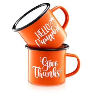 NatNarr Fall Coffee Mugs Set of 2, 12OZ Thanksgiving Pumpkin Enamel Mugs Fall Cups Orange Autumn Enamel Mug with Handles for Thanksgiving Gifts, Table Decor