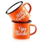 NatNarr Fall Coffee Mugs Set of 2, 12OZ Thanksgiving Pumpkin Enamel Mugs Fall Cups Orange Autumn Enamel Mug with Handles for Thanksgiving Gifts, Table Decor