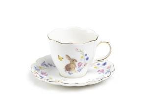 Gracie China Shop Meadow Bunny Tea Cup and Saucer with Gold Trim, Spring Easter Bunny Floral and Butterfly Tea Cup and Saucer Set