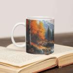 Autumn Mountain Mug, Personalized Nature Full Wrap Cup, Deer Coffee Mug 11oz 15oz, Customized Name Wildlife Ceramic Cup, Autumn Themed White Mug, Custom Nature Inspired Cup, 1PCS