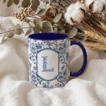 Blue Toile Letter L Mug, 11 oz French Floral Ceramic Coffee Cup Tea Cup with Initials, Personalized Birthday Gifts for Women Men Friend Friendship Unique Aesthetic Mug