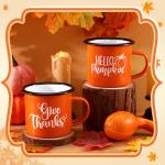 NatNarr Fall Coffee Mugs Set of 2, 12OZ Thanksgiving Pumpkin Enamel Mugs Fall Cups Orange Autumn Enamel Mug with Handles for Thanksgiving Gifts, Table Decor