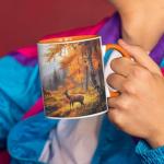 Autumn Mountain Mug, Personalized Nature Full Wrap Cup, Deer Coffee Mug 11oz 15oz, Customized Name Wildlife Ceramic Cup, Autumn Themed White Mug, Custom Nature Inspired Cup, 1PCS