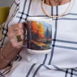 Autumn Mountain Mug, Personalized Nature Full Wrap Cup, Deer Coffee Mug 11oz 15oz, Customized Name Wildlife Ceramic Cup, Autumn Themed White Mug, Custom Nature Inspired Cup, 1PCS
