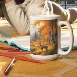Autumn Mountain Mug, Personalized Nature Full Wrap Cup, Deer Coffee Mug 11oz 15oz, Customized Name Wildlife Ceramic Cup, Autumn Themed White Mug, Custom Nature Inspired Cup, 1PCS