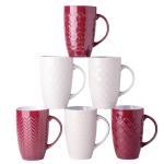 AmorArc Large Coffee Mugs Set of 6, 16oz Ceramic Tall Coffee Mugs Set with Textured Geometric Patterns for Coffee/Tea/Beer/Hot Cocoa, Dishwasher & Microwave Safe, Beige&Burgundy