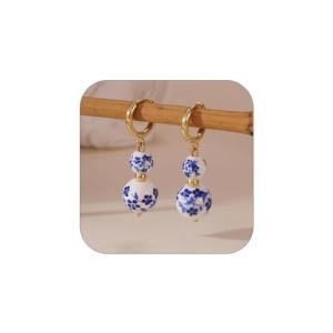 Blue White Porcelain Beaded Floral Teacup Fan Heart Pearl Pattern Drop Dangle Earrings For Women Statement Chinese Style Elegant Hook Huggie (Blue White D)