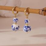 Blue White Porcelain Beaded Floral Teacup Fan Heart Pearl Pattern Drop Dangle Earrings For Women Statement Chinese Style Elegant Hook Huggie (Blue White D)